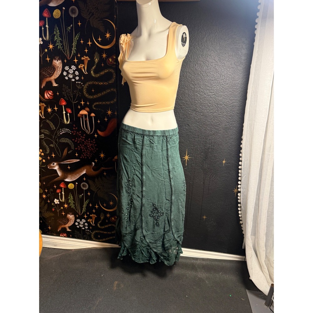 Soft Surroundings Green Rayon Embroidered Maxi Skirt Boho Handkerchief Hem L